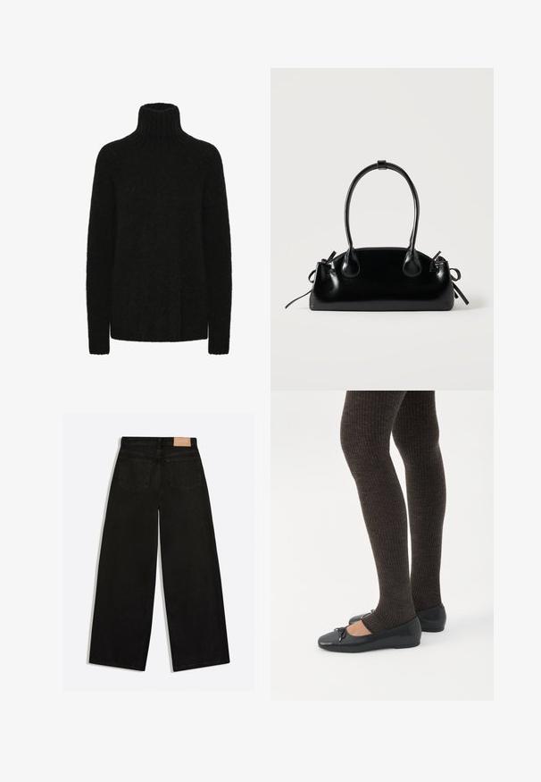 Sort turtleneck trøje lavet af blødt, tekstureret materiale; løs pasform med ribbet krave og manchetter. Lange ærmer og ingen synlige mønstre.; Sorte vidde jeans set bagfra med to baglommer og en brun lædermærke på linningen.; Ben iført mørke ribbede leggings kombineret med sorte balletsko med små sløjfedetaljer på hvid baggrund.; Lille sort blank håndtaske med to lange håndtag og snøre-detaljer i siden på en ensfarvet lys baggrund.