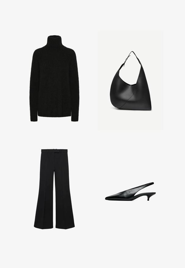 Sort turtleneck trøje lavet af blødt, tekstureret materiale; løs pasform med ribbet krave og manchetter. Lange ærmer og ingen synlige mønstre.; Sorte bredbenede bukser med høj talje, struktureret design og forreste indsnit. Fremstillet af et glat stof med en diskret taljebånd og bæltesløjfer.; Sort læder slingback kitten heel sko med spids tå og lav buet hæl på hvid baggrund.; Sort læder skuldertaske med buet trekantet form, enkelt justerbart rem og synlig diagonal søm foran.