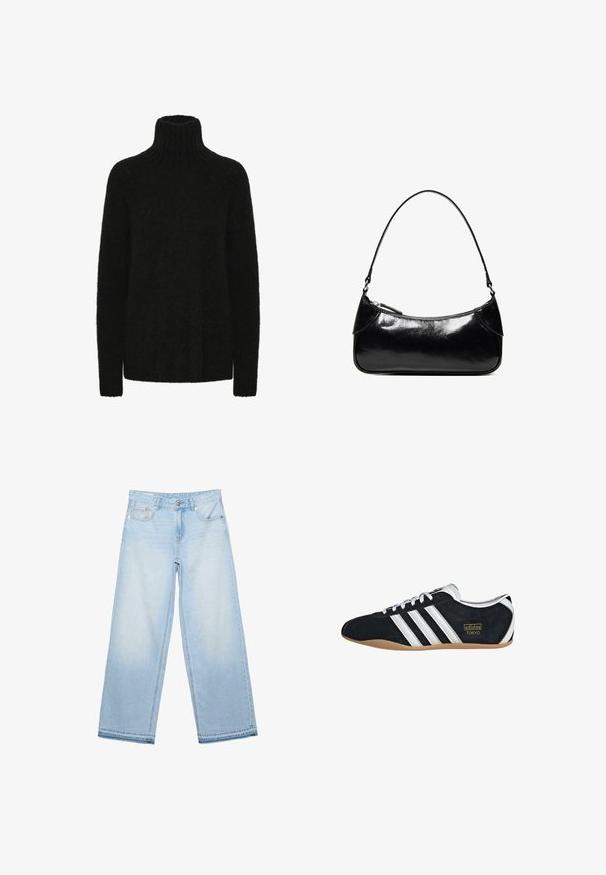 Sort turtleneck trøje lavet af blødt, tekstureret materiale; løs pasform med ribbet krave og manchetter. Lange ærmer og ingen synlige mønstre.; Lyseblå vidde jeans med frontknap, lynlås og fem-lomme-design, lagt fladt på en hvid baggrund.; Sort ruskinds sneaker med hvide tre striber, guldlogo og en brun gummisål. Har et lavprofil snørebåndsdesign.; Sort, blank skuldertaske i læder med et enkelt rum med lynlås og en tynd rem buet i en bueform.