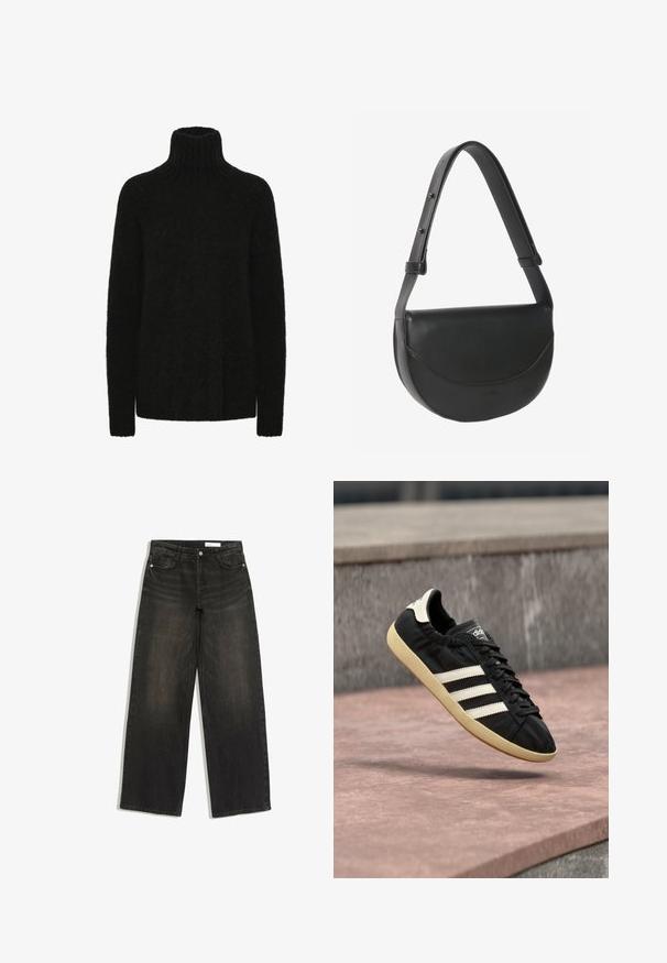 Pull à col roulé noir en matière douce et texturée; coupe ample avec col et poignets côtelés. Manches longues et sans motifs visibles.; Jean noir à jambes larges avec poches avant, passants de ceinture et fermeture à bouton sur fond blanc.; Baskets Adidas noires avec des bandes blanches et une semelle beige, capturées en plein air au-dessus d'une surface en pierre et d'un mur en pierre en arrière-plan.; Sac d'épaule en cuir noir en forme de demi-lune avec bandoulière réglable et fermeture à rabat sur fond blanc.