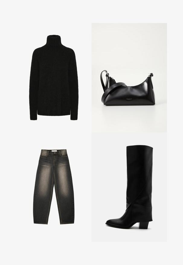 Pull à col roulé noir en matière douce et texturée; coupe ample avec col et poignets côtelés. Manches longues et sans motifs visibles.; Jeans en denim gris à jambes larges avec un léger délavage, cinq poches, des coutures en contraste et une coupe décontractée. Pas de motifs ou d'embellissements visibles.; Botte haute en cuir noir avec couture inclinée, bout pointu et talon épais de taille moyenne sur fond blanc.; Sac à main en cuir noir avec une texture lisse. Dispose d'une bandoulière adjustable et d'un design élégant et minimaliste avec une fermeture éclair.