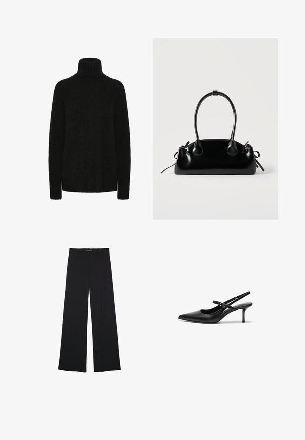 Sort turtleneck trøje lavet af blødt, tekstureret materiale; løs pasform med ribbet krave og manchetter. Lange ærmer og ingen synlige mønstre.; Sorte bukser med vide ben, bæltestropper, knaplukning foran og lynlås, lagt fladt på en hvid baggrund.; Sorte læder slingback hæle med spids tå, slank justerbar rem og en stiletto hæl på cirka 5 cm, glat tekstur.; Lille sort blank håndtaske med to lange håndtag og snøre-detaljer i siden på en ensfarvet lys baggrund.