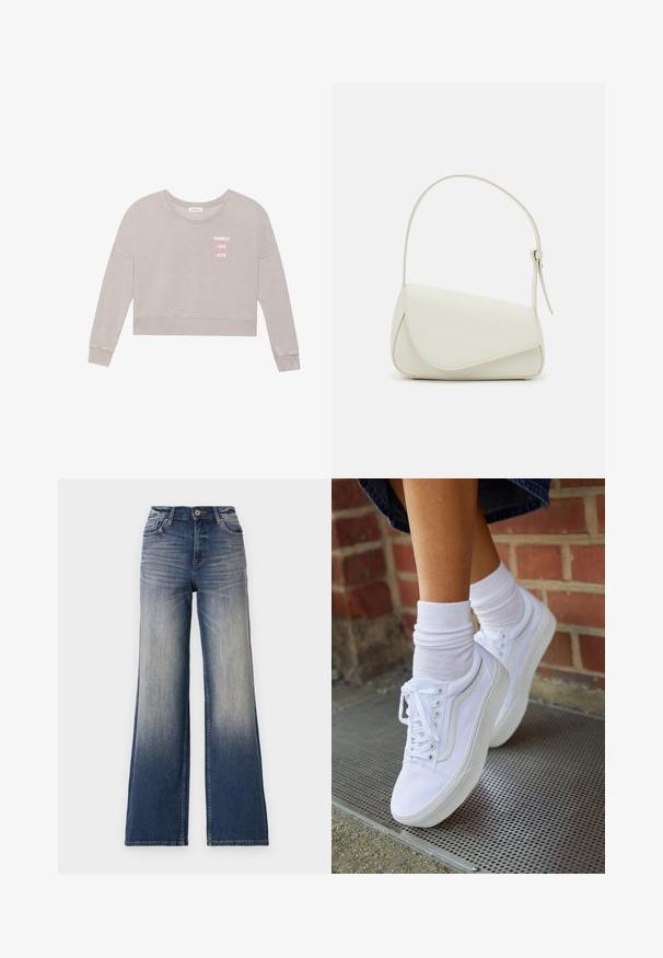 Helles graues, tailliertes Sweatshirt mit langen Ärmeln, weicher Textur und Druck "SUMMER LOVE CLUB" in Pink. Verfügt über einen runden Halsausschnitt und ein geripptes Bündchen.; Hochtaillierte, weit geschnittene Jeans in hellblau bis dunkelblauem Denim mit Ausbleichungen, ausgestattet mit einem Knopfverschluss und Gürtelschlaufen. Sauberer Saum und keine sichtbaren Verzierungen.; Weiße Leinensneaker mit Gummisohlen, ausgestattet mit sechs Ösen, runder Zehenpartie und dezenten Nähten, kombiniert mit weißen Knöchelsocken.; Weiße Kunstleder-Handtasche mit einer strukturierten dreieckigen Form, einem verstellbaren Einzelgurt und einem Klappenverschluss mit geschwungenen Akzenten.