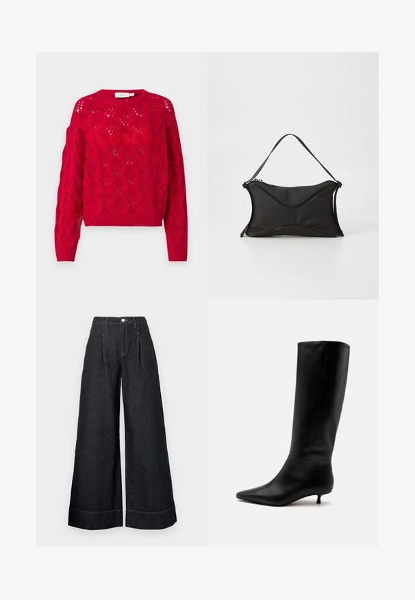 Pull en tricot rouge avec un motif ajouré texturé, col rond et manches longues avec des poignets et un ourlet côtelés.; Pantalons en denim noirs à jambes larges avec une taille haute, dotés de plis frontaux, d'une fermeture à bouton et de surpiqûres contrastées aux ourlets.; Botte noire en cuir jusqu'au genou avec bout pointu et petit talon kitten sur un fond clair uni.; Sac à main noir en matériau doux et texturé. Présente un design ondulé, une bandoulière unique et un détail logo subtil à l'avant.