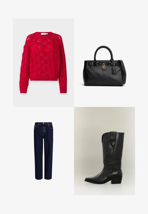 Pull en tricot rouge avec un motif ajouré texturé, col rond et manches longues avec des poignets et un ourlet côtelés.; Jeans en denim bleu foncé avec une coupe droite, dotés d'une taille haute, d'un style à cinq poches et de coutures contrastantes. Sans embellissements.; Botte de cow-boy haute en cuir noir avec bout pointu, talon épais et languette avec un petit logo doré.; Sac à main en cuir noir texturé avec doubles poignées, une bandoulière et un petit pendentif rond doré avec logo à l'avant.