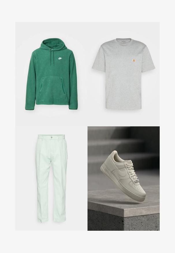 Nike Sportswear CLUB WINTERIZED - Fleecetrøjer - fir/white; Grå bomulds T-shirt med korte ærmer og rund halsudskæring. Har en lomme på venstre bryst og et lille mærkelogo i orange på lommen.; Lys mintgrønne bukser lavet af bomuld, med et lige ben-design og en frontlukning med knap og lynlås. Glat tekstur.; En enkelt beige sneaker med snørebånd svæver over en grå betonoverflade, Nike-swoosh synlig, sløret baggrund med trappe.