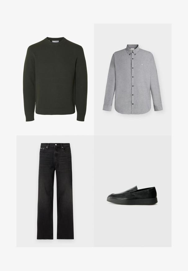 Mørkegrøn strikket sweater med rund hals, lange ærmer samt ribkant ved ærmeafslutninger og bund, vist på hvid baggrund.; Lysegrå skjorte med lange ærmer, knapper foran og knaplukket krave samt det lille "cK" logo broderet på venstre bryst.; Sorte jeans med lige ben, fem-lomme design, bæltestropper og knaplukning, vist på en hvid baggrund.; Calvin Klein HYBRID CUP - Loafers - triple black