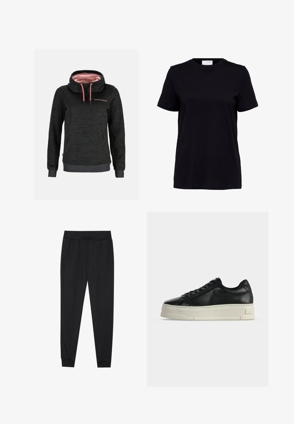 Mørkegrå hættetrøje med lyserøde snore, høj krave, lyserødt for, forlomme og teksten "Swedemount" på brystet.; Sort kortærmet t-shirt med rund halsudskæring, lige kant og en hvid label på bagsiden indeni kraven.; Sorte sweatpants lavet af blødt stof, med elastisk talje og snor, tapered ben og ribbede manchetter ved anklerne.; Sort læderlavtop sneaker med tyk hvid platformsål og sorte snørebånd på en ensfarvet lys baggrund.