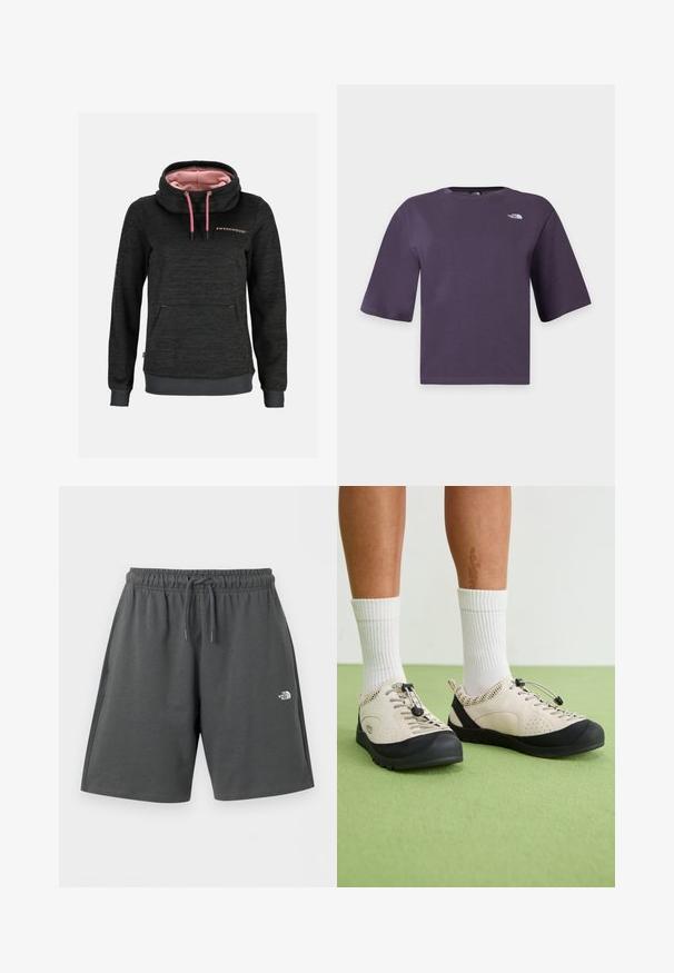 Mørkegrå hættetrøje med lyserøde snore, høj krave, lyserødt for, forlomme og teksten "Swedemount" på brystet.; Mørkelilla t-shirt med korte ærmer og rund halsudskæring med The North Face-logo i hvid på venstre bryst.; Mørkegrå atletikshorts med elastisk talje og snøre, med lille hvid "The North Face"-logo på højre lår.; Beige sko med sorte accenter, mesh sidedele og et sikkert snørebånd. Tykk gummisål med mønstret slidbane. Båret med hvide sokker.