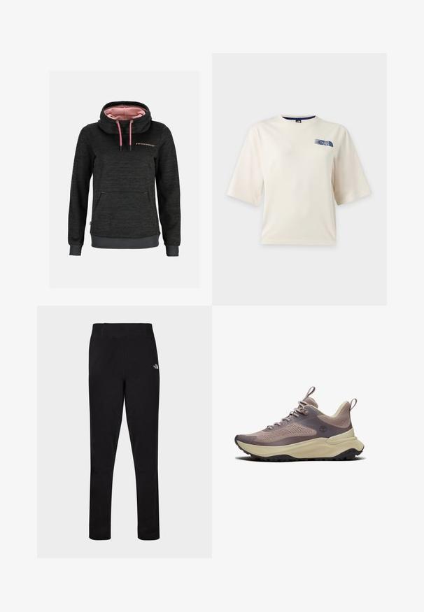 Mørkegrå hættetrøje med lyserøde snore, høj krave, lyserødt for, forlomme og teksten "Swedemount" på brystet.; Hvid T-shirt med korte ærmer med en lille blå The North Face-logo på øverste venstre bryst.; Sorte tætsiddende atletikleggings med høj talje og lille hvid North Face-logo på det øverste venstre lår.; Lysebrun og beige atletiksneaker med strikket overdel, polstret sål, sort slidbane og træktabs på tung og hæl.