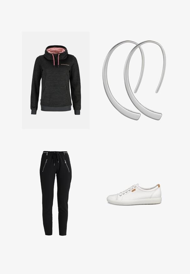 Dunkelgraues Kapuzen-Sweatshirt mit pinken Kordeln, hohem Kragen, pinkem Futter, Fronttasche und "Swedemount" Schriftzug auf der Brust.; Schwarze Slim-Fit-Hose mit elastischem Bund, Kordelzug und vier sichtbaren silbernen Reißverschlusstaschen vorne.; Weißer niedriger Ledersneaker mit Schnürsenkeln, Gummisohle und einem kleinen braunen Logo-Tag nahe den Schnürsenkeln auf der Außenseite.; Silberne Metall-Hoops Ohrringe mit einer glatten, glänzenden Oberfläche und einer gewölbten Mondform, die ein minimalistisches Design aufweisen und keine sichtbaren Muster haben.