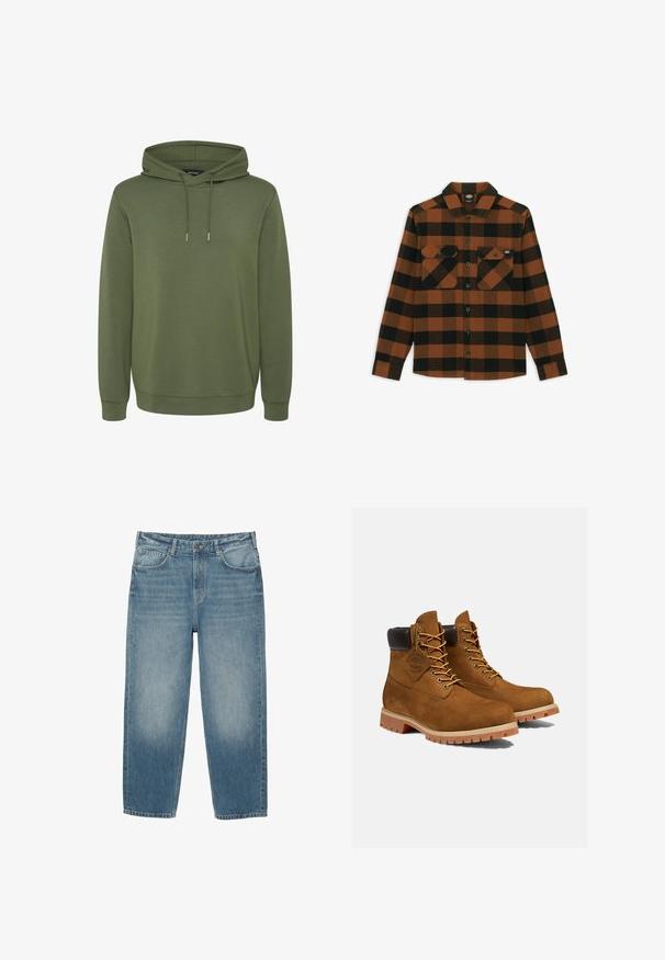 Olijfgroene hoodie van zacht materiaal, met een ruime capuchon met trekkoorden en ribgebreide manchetten en onderrand voor een comfortabele pasvorm.; Langarmshirt in een oranje en zwart geruit patroon, gemaakt van een gestructureerde stof. Heeft twee borstzakken en een knoopsluiting aan de voorkant.; Blauwe spijkerbroeken van denim met een rechte pijp, vijf zakken, knoopsluiting en een lichte vervaging op de voorkant van de bovenbenen.; Bruine suède enkellaarsjes met een gevoerde zwarte kraag, gouden oogjes en een dikke rubberen zool met een profielpatroon voor grip.
