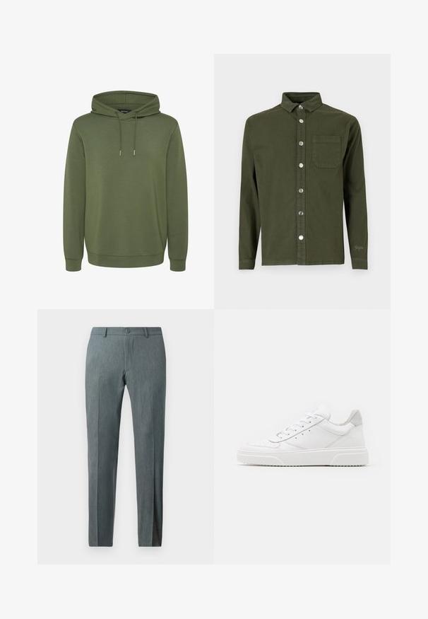 Olivgrüner Hoodie aus weichem Material, mit einer geräumigen Kapuze mit Kordelzügen sowie gerippten Bünden und Saum für eine angenehme Passform.; Denim Project DPMDPSTITCH DETAIL DENIM SHIRT - Hemd - duffel bag green; Schmal geschnittene Hose aus strukturiertem grauem Stoff mit flachem Vorne, Knopfverschluss und Gürtelschlaufen. Verfügt über ein maßgeschneidertes Design und gerade Beine.; Weiße Leder-Sneaker mit glatter Oberfläche, rundem Zehenbereich, flachen Schnürsenkeln und strukturiertem Schuhsohlen. Graues Wildleder-Detail an der Ferse.