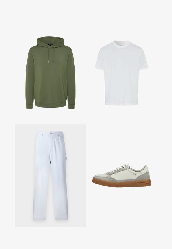 Olivgrüner Hoodie aus weichem Material, mit einer geräumigen Kapuze mit Kordelzügen sowie gerippten Bünden und Saum für eine angenehme Passform.; Weißes T-Shirt mit kurzen Ärmeln aus Baumwolle. Hat einen runden Halsausschnitt und eine lockere Passform. Glatte Textur ohne Muster oder Akzente.; Helle blau gestreifte Hose aus Baumwolle. Gerades Bein-Design, mit einem vorderen Knopfverschluss und Seitentaschen. Weicher Stoff.; Niedriger Sneaker aus weißem Leder mit grauen Wildlederakzenten, weißen Schnürsenkeln und brauner Gummisohle, versehen mit einem kleinen Pikolinos-Label.