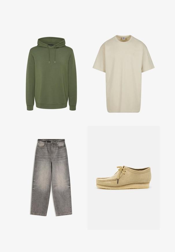 Olivgrüner Hoodie aus weichem Material, mit einer geräumigen Kapuze mit Kordelzügen sowie gerippten Bünden und Saum für eine angenehme Passform.; Hellbeiges Baumwoll-T-Shirt mit kurzen Ärmeln, Rundhalsausschnitt und legerer Passform. Der Stoff wirkt glatt ohne sichtbare Muster oder Akzente.; Hoch taillierte graue Jeans aus Denim mit weitem Bein, vorderer Knopf- und Reißverschluss, Gürtelschlaufen und Fünf-Taschen-Design.; Beige Wildlederschuh mit Schnürdesign, gestickten Details und Gummisohle. Die Form ist lässig mit einem leichten Keilabsatz.