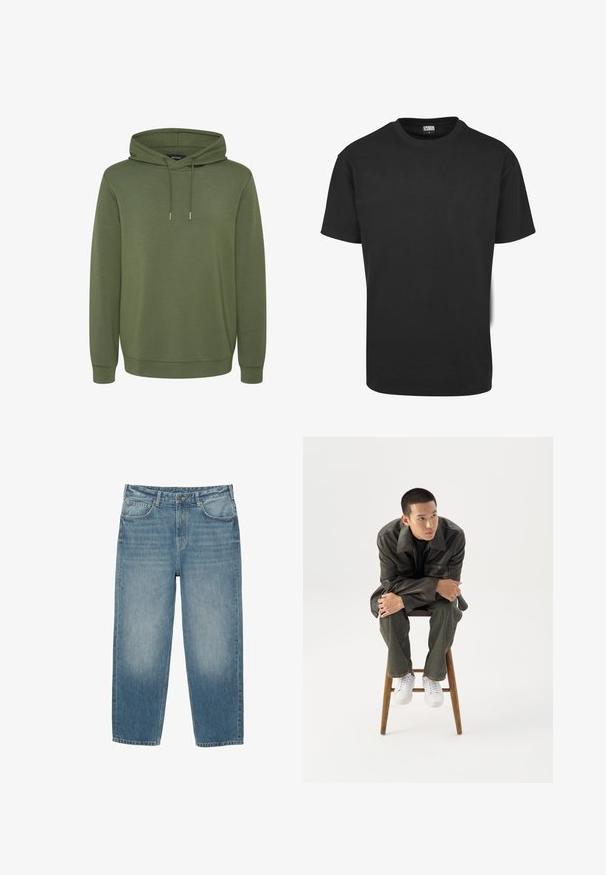 Olivgrüner Hoodie aus weichem Material, mit einer geräumigen Kapuze mit Kordelzügen sowie gerippten Bünden und Saum für eine angenehme Passform.; Schwarzes Baumwoll-T-Shirt mit kurzen Ärmeln, rundem Ausschnitt und normaler Passform. Der Stoff wirkt glatt und unverziert.; Blaue Jeans aus Denim mit geradem Bein Schnitt, fünf Taschen Stil, Knopfverschluss und heller Ausbleichung an den vorderen Oberschenkeln.; Junger Mann in dunkler Lederjacke und Jeans sitzt auf einem Holzstuhl, lehnt sich mit verschränkten Armen nach vorne und schaut seitlich vor weißem Hintergrund.