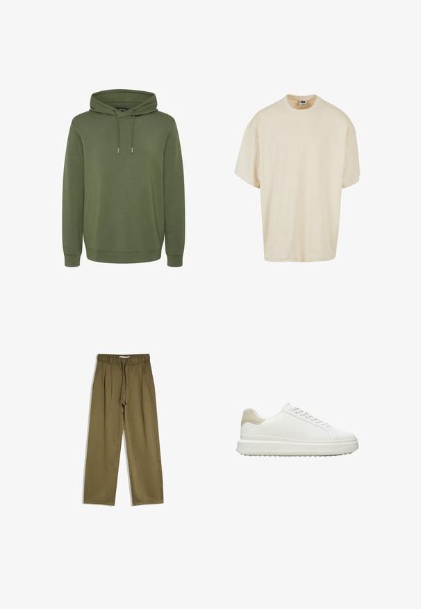 Olijfgroene hoodie van zacht materiaal, met een ruime capuchon met trekkoorden en ribgebreide manchetten en onderrand voor een comfortabele pasvorm.; Crème-kleurig t-shirt met korte mouwen, met een ontspannen pasvorm en ronde hals; gemaakt van zachte katoen, met subtiele stikdetails.; Olijfgroene broek met wijde pijpen, elastische tailleband en trekkoord, voorzien van voorplooien en zijzakken.; Witte sneakers van glad leer met een gestructureerde beige hielaccent, voorzien van ronde veters, een laag profiel ontwerp en een rubberen buitenzool.