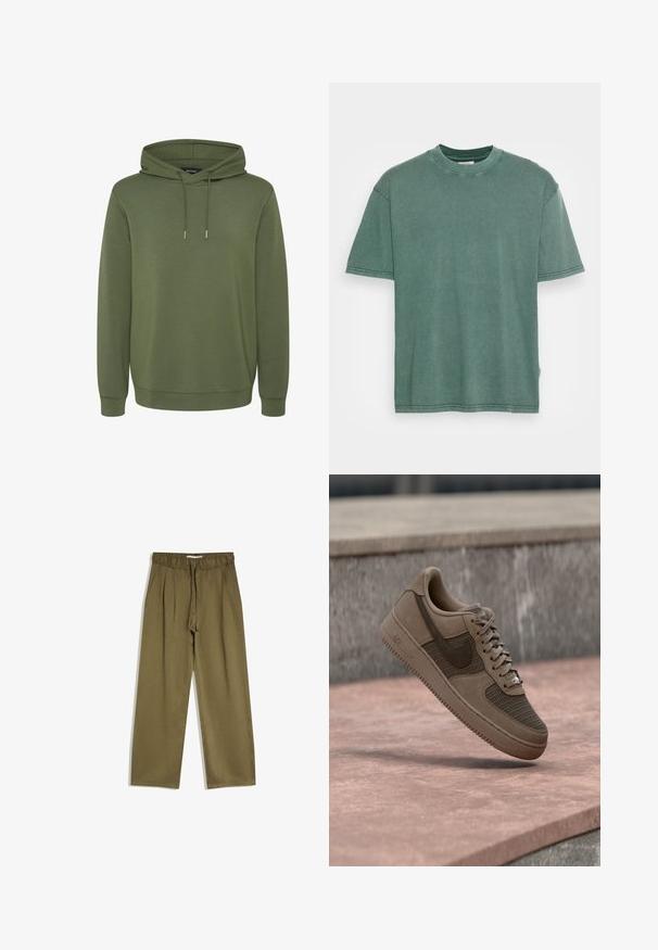 Olijfgroene hoodie van zacht materiaal, met een ruime capuchon met trekkoorden en ribgebreide manchetten en onderrand voor een comfortabele pasvorm.; Groen katoenen T-shirt met korte mouwen, ronde hals en een losse pasvorm. Heeft een licht vervaagde textuur en zichtbare stiksels langs de randen.; Olijfgroene broek met wijde pijpen, elastische tailleband en trekkoord, voorzien van voorplooien en zijzakken.; Bruine Nike Air Force 1 sneaker met mesh- en lederen details die zweeft boven een roze betonnen oppervlak en een grijze stenen achtergrond.