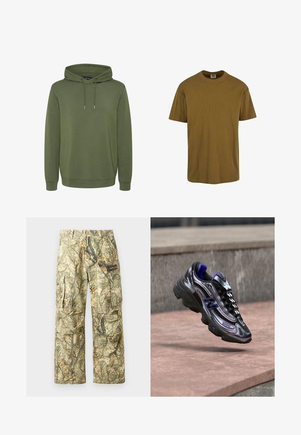 Olivgrüner Hoodie aus weichem Material, mit einer geräumigen Kapuze mit Kordelzügen sowie gerippten Bünden und Saum für eine angenehme Passform.; Urban Classics SHORTSLEEVE - T-Shirt basic - tiniolive; Tarnfarbene Cargohosen in Erdtönen mit einem Muster aus Blättern und Bäumen. Verfügen über mehrere Taschen und eine lockere, bequeme Passform. Robuster Stoff.; Schwarzer und lila New Balance 1000 Sneaker in der Luft über einer Betonfläche mit unscharfem Steinmauer-Hintergrund.