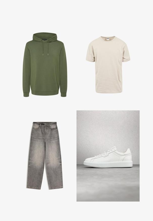 Olivgrüner Hoodie aus weichem Material, mit einer geräumigen Kapuze mit Kordelzügen sowie gerippten Bünden und Saum für eine angenehme Passform.; Beige Baumwoll-T-Shirt, kurze Ärmel, runder Halsausschnitt, lockere Passform. Geschmeidige Textur mit einem einfachen, unauffälligen Design.; Hoch taillierte graue Jeans aus Denim mit weitem Bein, vorderer Knopf- und Reißverschluss, Gürtelschlaufen und Fünf-Taschen-Design.; Weiße Ledersneaker mit runder Zehenform, flacher Schnürung und grauer Gummisohle. Verfügt über dezente Nähte und ein Logoakzent.