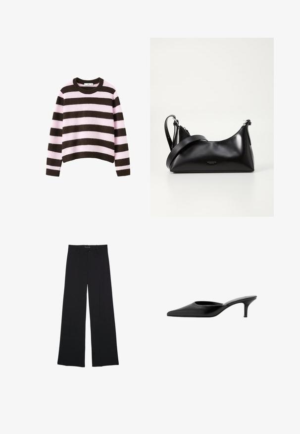 Pull en tricot rayé marron et rose avec un col rond et des manches longues, présentant un design court et une texture douce.; Pantalon noir à jambes larges avec passants de ceinture, bouton frontal et fermeture éclair, étalé à plat sur un fond blanc.; Mule en cuir noir à bout pointu, avec un petit talon fin et un design sans contrefort pour enfiler facilement.; Sac à main en cuir noir avec une texture lisse. Dispose d'une bandoulière adjustable et d'un design élégant et minimaliste avec une fermeture éclair.