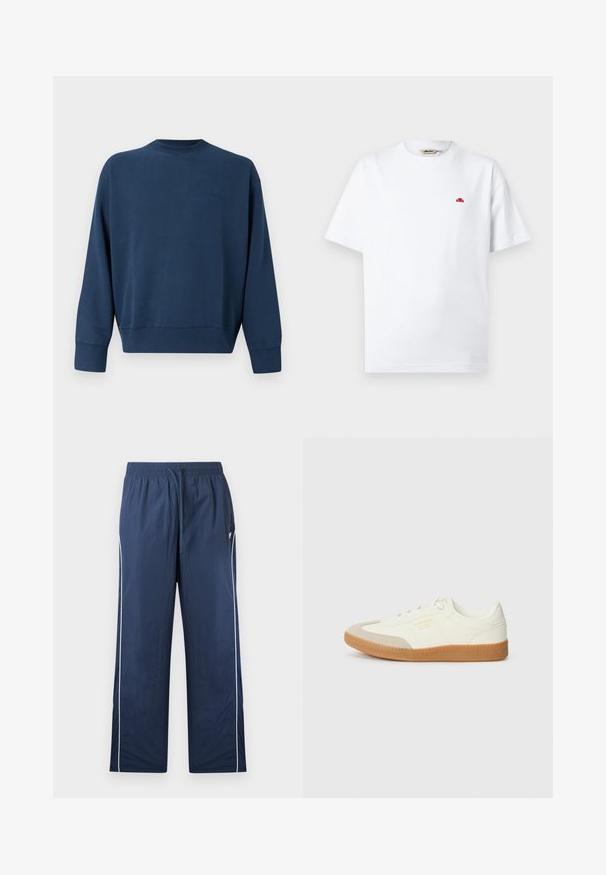 Sweatshirt à col rond à manches longues de couleur bleu marine, avec des poignets et un ourlet côtelés, arborant un logo de marque brodé discret sur le côté gauche de la poitrine.; T-shirt blanc à manches courtes avec col rond, petit logo rouge sur le côté gauche de la poitrine et étiquette de la marque à l'intérieur du col.; Pantalon de survêtement bleu marine avec taille élastique, cordon de serrage, liseré blanc sur les côtés et petit logo sur le côté supérieur gauche.; Baskets en cuir blanc avec une coque beige et une semelle en caoutchouc marron clair. Dotées de lacets blancs plats et d'un logo embossé sur le côté.