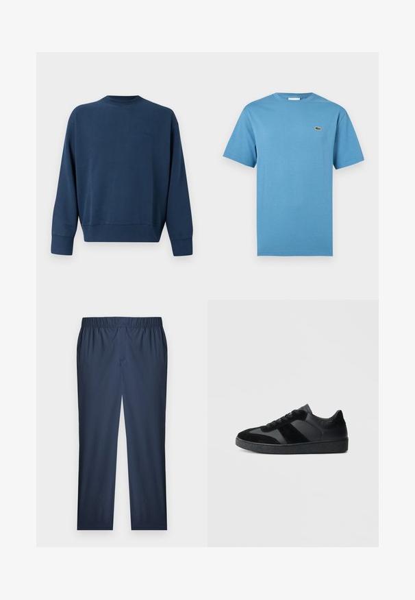 Marineblaues langärmliges Rundhals-Sweatshirt mit gerippten Bündchen und Saum, mit dezent gesticktem Markenlogo auf der linken Brustseite.; Blaues T-Shirt mit kurzen Ärmeln und Rundhalsausschnitt, mit kleinem grünem Krokodil-Logo auf der linken Brust, vor weißem Hintergrund dargestellt.; Marineblaue gerade Hose mit elastischem Bund, feiner Struktur im Stoff und flachem Vorderteil.; Schwarze Sneaker aus einer Mischung von glattem Leder und Wildleder, mit einer strukturierten schwarzen Gummisohle und dezenten Streifendetails.