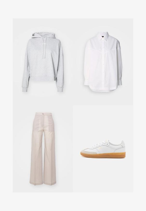 Haut court gris clair en tissu doux. Il dispose d'une capuche avec cordon de serrage, d'épaules tombantes et de poignets côtelés. Design simple et minimaliste.; Chemise blanche à manches longues en coton, dotée d'un col boutonné, de boutons sur le devant et d'une coupe décontractée avec des détails de couture subtils.; Pantalons larges beiges en tissu tissé léger, avec une taille haute, fermeture à bouton unique à l'avant et une texture subtile.; Baskets en cuir blanc avec des accents en suédine beige, semelle en caoutchouc gomme et design à lacets. Présente un logo discret en doré.