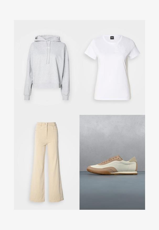 Haut court gris clair en tissu doux. Il dispose d'une capuche avec cordon de serrage, d'épaules tombantes et de poignets côtelés. Design simple et minimaliste.; T-shirt en coton blanc à manches courtes. Présente une broderie florale ton sur ton sur la poitrine gauche. Design classique à col rond.; Jeans beige à jambes larges avec taille haute, poches avant, et couture contrastée, dotés d'une fermeture à bouton et d'une texture en coton lisse.; Baskets crème et beige avec une tige texturée, des lacets et une semelle en caoutchouc, présentées au-dessus d'une surface en bois avec des cailloux.