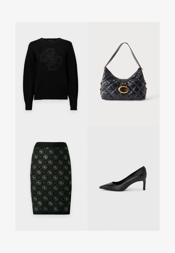 Pull noir en tissu doux avec un col rond, arborant un logo central délimité par de petits clous, et des poignets côtelés.; Jupe noire en tricot avec un motif losange agrémenté d'accents métalliques et une ceinture côtelée. Logo élégant intégré au design.; Escarpin à bout pointu en cuir noir avec un talon fin de hauteur moyenne sur un fond gris clair uni.; Sac à bandoulière en cuir matelassé noir avec fermoir doré en forme de G et une seule bandoulière sur un fond clair uni.