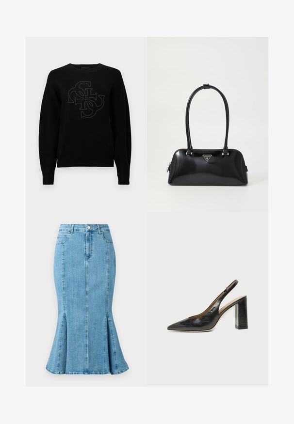 Pull noir en tissu doux avec un col rond, arborant un logo central délimité par de petits clous, et des poignets côtelés.; Jupe crayon en denim bleu clair avec un ourlet évasé et des fentes latérales, dotée d'une fermeture à bouton à l'avant et de poches. Design simple et épuré.; Chaussure slingback en cuir noir à bout pointu avec un talon bloc haut et une doublure intérieure beige sur un fond clair uni.; Sac à main noir brillant avec une silhouette incurvée, deux poignées et une plaque logo à l'avant. Fermeture éclair et accents en matériel brillant.