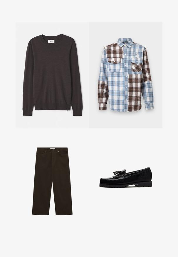 Mørkebrun striktrøje med rund halsudskæring, lange ærmer, ribbede manchetter og kant, glat tekstur og minimal branding.; Skjorte med lange ærmer og knapper, med tern i blå, brun og hvid og to brystlommer, hvoraf den ene har klap med knap.; Brune fløjelsbukser med vidde ben, som har en lodret ribbet tekstur, knaplukning foran og standardlommer.; Sort læderloafer med kvastdetalje, tyk robust sål og præget logo på siden, vist i profil mod hvid baggrund.
