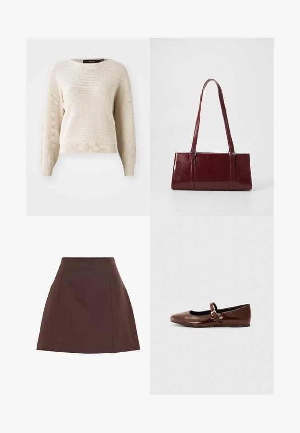 Pull en maille beige clair avec une finition texturée, col rond et manches longues. Doté d'un ourlet et de poignets côtelés, coupe décontractée.; Jupe trapèze marron avec une légère fente à l'avant et des détails de coutures propres, réalisée en tissu lisse.; Ballerine en cuir verni marron avec un bout carré et une lanière ornée d'une petite boucle dorée. Texture lisse, talon bas et design minimaliste.; Sac à main bordeaux en matériau brillant, de forme rectangulaire, avec deux anses et des accents légèrement courbés à l'avant.