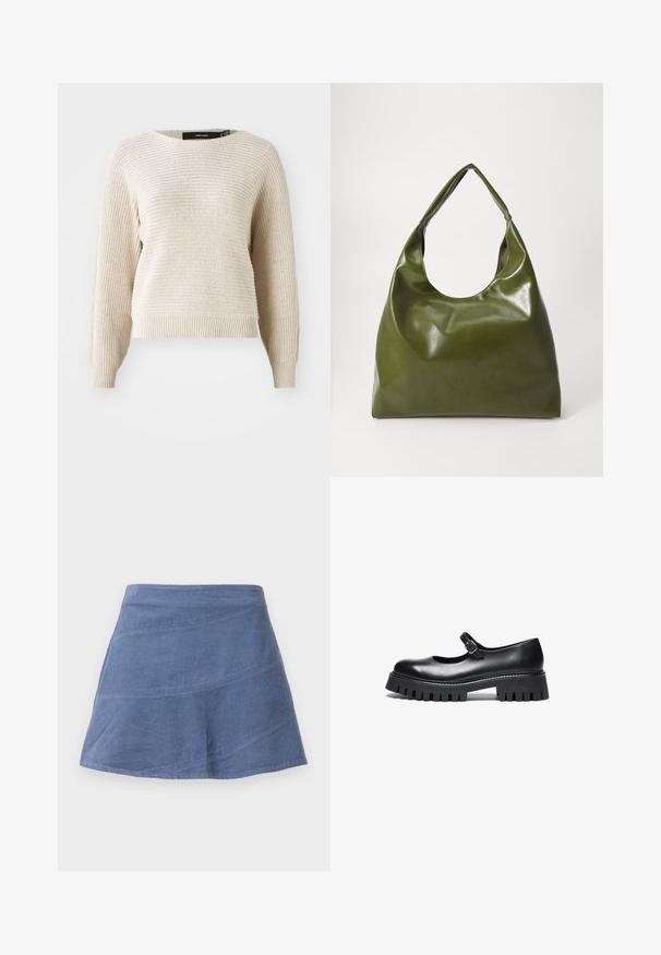 Pull en maille beige clair avec une finition texturée, col rond et manches longues. Doté d'un ourlet et de poignets côtelés, coupe décontractée.; Jupe A-line en velours côtelé bleu avec des détails de couture diagonale, longueur genou, devant plat et texture subtile.; Chaussure Mary Jane en cuir noir, avec un bout rond, une sangle à la cheville et une semelle en caoutchouc épaisse présentant des détails nervurés.; Sac hobo en cuir vert au design décontracté, avec une poignée incurvée et une texture lisse. Ne contient aucun matériel ou accent visible.