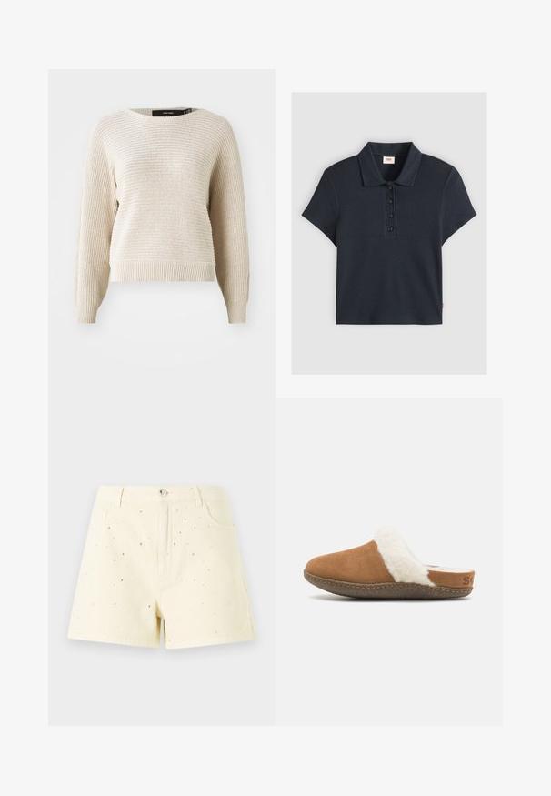 Pull en maille beige clair avec une finition texturée, col rond et manches longues. Doté d'un ourlet et de poignets côtelés, coupe décontractée.; Polo noir en maille côtelée à manches courtes avec quatre boutons et un col plié, posé à plat sur un fond clair.; Shorts en denim jaunes avec une taille haute et une coupe décontractée, ornés de petits clous en argent éparpillés sur le devant pour un effet de détail.; Chausson en suède marron à enfiler avec une doublure blanche duveteuse et une semelle texturée. Présente un bord cousu et un petit détail de marque sur le talon.