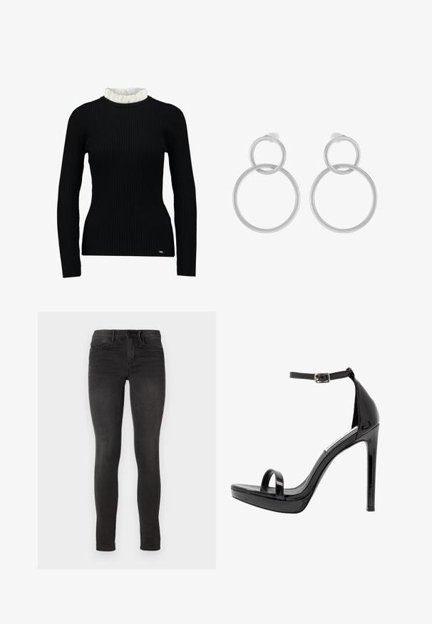 Haut noir à manches longues côtelé avec un col en dentelle blanc, affichant une silhouette ajustée et une texture douce. Logo subtil à l'ourlet.; ONLY ONLROYAL - Jeans Skinny - black denim; Steve Madden MILANO - Sandales à talons hauts - black; Boucles d'oreilles en métal argenté présentant deux cercles entrelacés, un plus grand et un plus petit, avec une finition brossée et des fermoirs à poussoir.