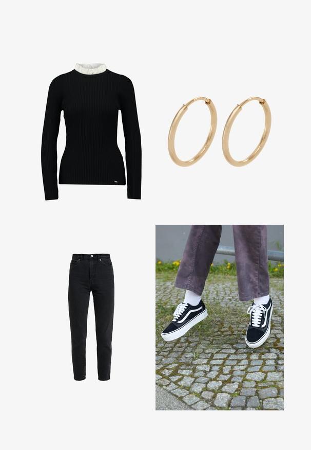 Haut noir à manches longues côtelé avec un col en dentelle blanc, affichant une silhouette ajustée et une texture douce. Logo subtil à l'ourlet.; Jean en denim noir taille haute avec bouton et fermeture éclair à l'avant, deux poches avant et jambe fuselée sur fond blanc.; Baskets en suède noir avec des accents blancs, présentant un bout rond, une semelle blanche épaisse et un design classique à lacets, portées avec des chaussettes blanches et un pantalon violet.; Boucles d'oreilles en or en forme de créoles, avec une finition lisse et polie. Forme arrondie, de taille moyenne, dotées d'un mécanisme de fermeture sécurisé.