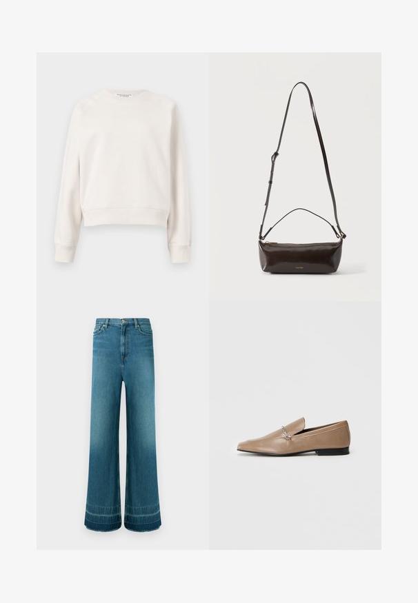 Sweat-shirt blanc cassé à manches longues avec col ras du cou, poignets et ourlet côtelés, présenté sur un fond uni.; Jean denim bleu taille haute à jambes larges, cinq poches, fermeture à boutons et légère décoloration près des ourlets.; Mocassins en cuir tan avec un bout pointu, des accents décoratifs en métal argenté et un petit talon noir. Texture lisse et design minimaliste.; Petit sac à bandoulière en cuir marron foncé brillant avec bandoulière réglable, poignée supérieure et fermeture éclair dorée.