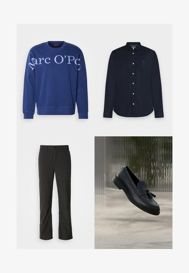 Sudadera de algodón azul con cuello redondo, mangas largas y un gran texto blanco que dice "Marc O'Polo" en la parte frontal.; Camisa de hombre azul marino de manga larga con botones, cuello y botones blancos, mostrada sobre un fondo gris claro.; Pantalones de rayas negras con corte recto. Presentan una textura suave, cierre frontal con botón y pasadores para cinturón.; Mocasines de cuero negro con textura suave, punta redondeada y borlas decorativas en el frente. Suela de goma flexible con tacón bajo.