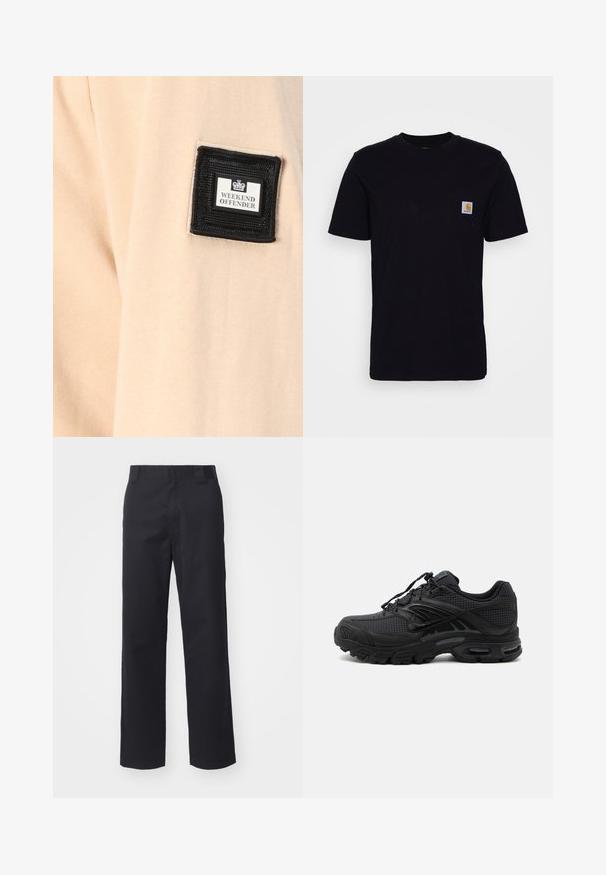 Tissu beige au toucher doux, comportant un patch carré noir avec l'inscription "WEEKEND OFFENDER" et un logo blanc.; T-shirt en coton noir à manches courtes, col rond et poche poitrine avec un petit patch logo carré. Design simple et uni.; Pantalons droits noirs en tissu en mélange de coton. Présentent une taille plate avec passants de ceinture et sans matériel ou embellissements visibles.; Baskets de sport noires avec tissu texturé, semelle épaisse et rembourrée, aérations et fermeture à lacets, vues de profil sur fond clair.