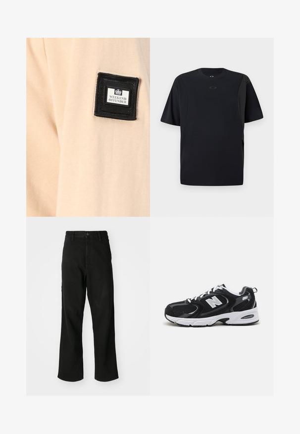 Tissu beige au toucher doux, comportant un patch carré noir avec l'inscription "WEEKEND OFFENDER" et un logo blanc.; T-shirt noir à manches courtes en tissu lisse, avec un design asymétrique et un petit logo sur la poitrine.; Jean noir à jambe droite avec fermeture à boutons, passant de ceinture et poches avant sur un fond blanc uni.; Baskets de sport noires et grises avec un tige en mesh et en suède, présentant une semelle intermédiaire blanche, des lacets et un logo "N" audacieux sur le côté.