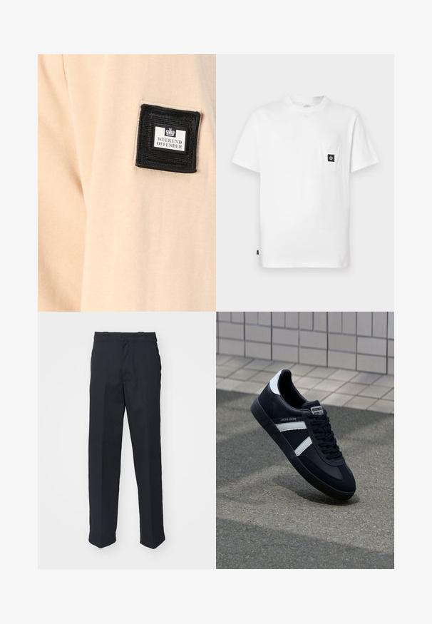 Tissu beige au toucher doux, comportant un patch carré noir avec l'inscription "WEEKEND OFFENDER" et un logo blanc.; T-shirt en coton blanc avec encolure ronde, manches courtes et une poche poitrine ornée d'un patch logo noir. Texture lisse, coupe décontractée.; Pantalons noirs sur mesure avec une coupe droite, en tissu lisse, dotés d'une taille avec passants et sans motifs ni pièces métalliques visibles.; Sneaker en cuir noir avec des rayures blanches, semelle en caoutchouc texturée et devant à lacets. Présente une étiquette de marque sur la languette.