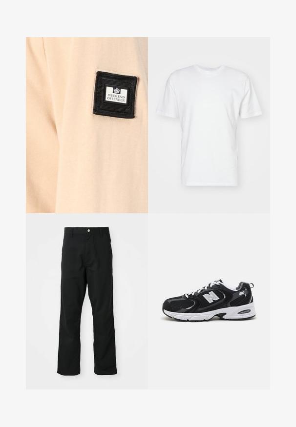 Tissu beige au toucher doux, comportant un patch carré noir avec l'inscription "WEEKEND OFFENDER" et un logo blanc.; T-shirt en coton blanc à manches courtes, encolure ronde et texture lisse. Design simple sans motifs ni graphiques.; Pantalons noirs à jambes droites avec fermeture à bouton et à zip, passants de ceinture et poches latérales, présentés sur fond blanc.; Baskets de sport noires et grises avec un tige en mesh et en suède, présentant une semelle intermédiaire blanche, des lacets et un logo "N" audacieux sur le côté.