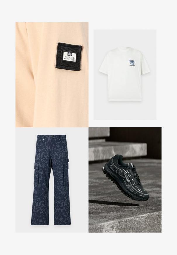 Tissu beige au toucher doux, comportant un patch carré noir avec l'inscription "WEEKEND OFFENDER" et un logo blanc.; T-shirt blanc à manches courtes avec logo bleu "Replay" et texte "Call 423-9251" sur la partie supérieure gauche de la poitrine.; Sean John SCRIPT LOGO CAMOUFLAGE - Pantalon cargo - blue; Baskets Nike Air Max noires et grises flottant au-dessus de marches en béton gris avec un fond de sol texturé.