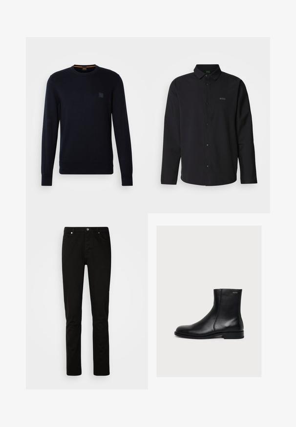 Pull en tricot bleu marine avec des manches longues, un col ras du cou, des poignets et un ourlet côtelés, arborant un petit logo carré sur la poitrine.; Chemise noire à manches longues avec un devant boutonné et un col ; présente un discret logo "BOSS" en noir assorti. Tissu lisse avec une coupe ajustée.; Pantalons en denim noir à coupe slim, avec un zip devant et un design à cinq poches. Texture lisse et détails de couture robustes.; Bottine noire en cuir lisse avec petit talon et fermeture éclair latérale, étiquetée Hugo près du bord supérieur.