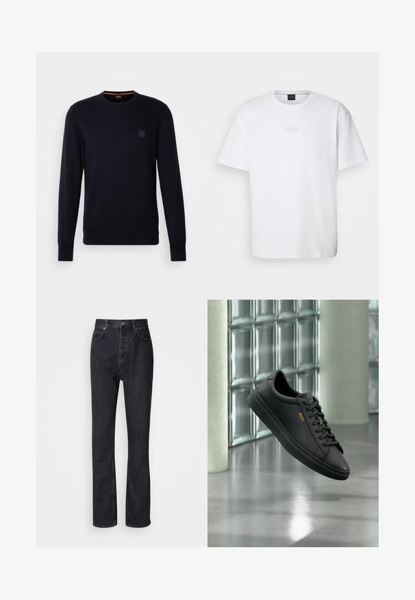 Pull en tricot bleu marine avec des manches longues, un col ras du cou, des poignets et un ourlet côtelés, arborant un petit logo carré sur la poitrine.; T-shirt en coton blanc à manches courtes, col rond, avec un logo « BOSS » en relief sur la poitrine. Texture lisse, coupe standard.; Jean en denim noir taille haute avec fermeture à bouton et à glissière, poches avant et arrière, et coupe droite.; Baskets basses en cuir noir avec lacets noirs et logo BOSS doré sur le côté, flottant au-dessus d’un sol gris brillant dans un espace intérieur moderne.