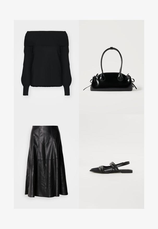 Sort off-shoulder sweater lavet af blødt strikmateriale, med ribbet kant, lange ærmer og en afslappet pasform. Ingen synlige mønstre.; Sort lædernederdel med en flagrende silhuet, der har synlige sømme og en glat tekstur. Mellemlang design med en klassisk snit.; Even&Odd Slingback-ballerinasko - black; Lille sort blank håndtaske med to lange håndtag og snøre-detaljer i siden på en ensfarvet lys baggrund.