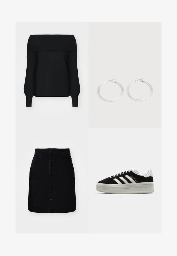 Sort off-shoulder sweater lavet af blødt strikmateriale, med ribbet kant, lange ærmer og en afslappet pasform. Ingen synlige mønstre.; Sort denimnederdel med frontknaplukning, to lommer, lige pasform og en ren kant. Fremstillet af et kraftigt stof med en glat tekstur.; Sort ruskind sneaker med hvide læderdetaljer, tre hvide striber, flade snørebånd og en tyk grå platformsål. Guldfarvet "Gazelle" branding.; Par skinnende sølvøreringe med tynde trådlåse, vist på en lys grå baggrund.