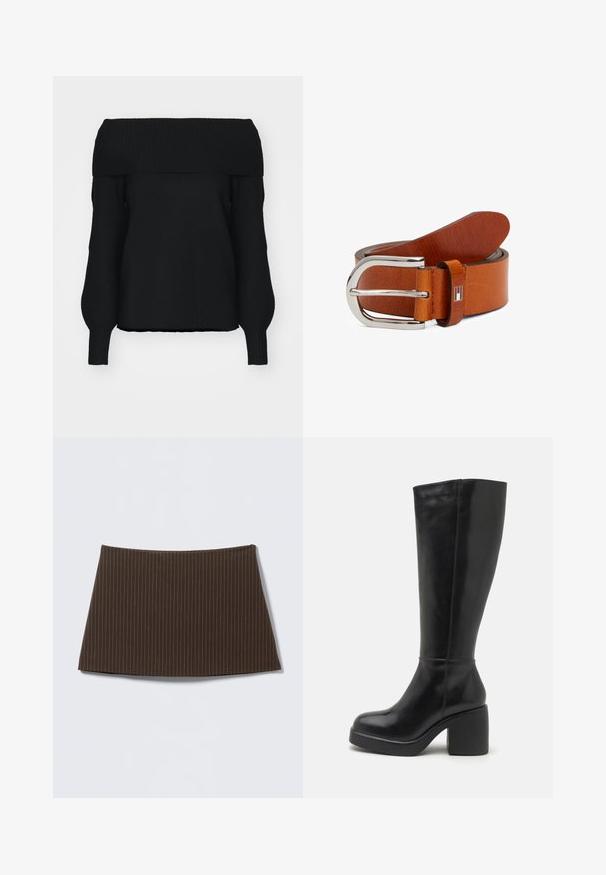 Sort off-shoulder sweater lavet af blødt strikmateriale, med ribbet kant, lange ærmer og en afslappet pasform. Ingen synlige mønstre.; Brun nederdel med nålestriber, tætsiddende design, glat tekstur og flared kant, ideel til et skræddersyet look.; Zign LEATHER - Højhælede støvler - black; Brun læderbælte med en skinnende sølvmetal spænde. Har et rektangulært design og et lille brandlogo nær spænde.