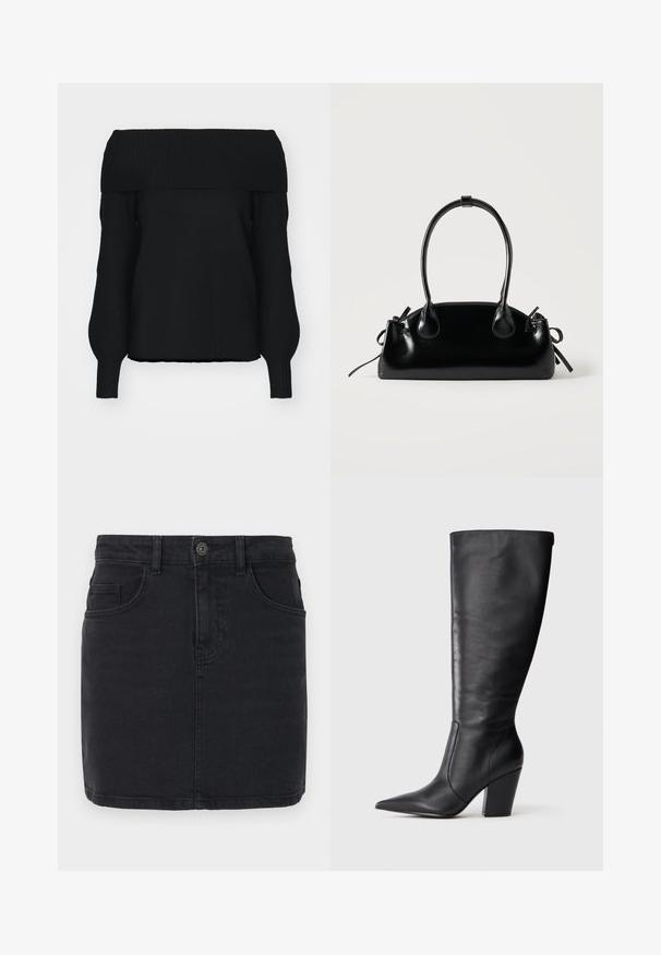 Sort off-shoulder sweater lavet af blødt strikmateriale, med ribbet kant, lange ærmer og en afslappet pasform. Ingen synlige mønstre.; Sort denim nederdel med tætsiddende design, fem-lomme stil og knaplukning foran. Har diskrete syningsdetaljer og en lige kant.; Sort læderknehøj støvle med spids tå og kraftig høj hæl, vist i venstre sideprofil på hvid baggrund.; Lille sort blank håndtaske med to lange håndtag og snøre-detaljer i siden på en ensfarvet lys baggrund.